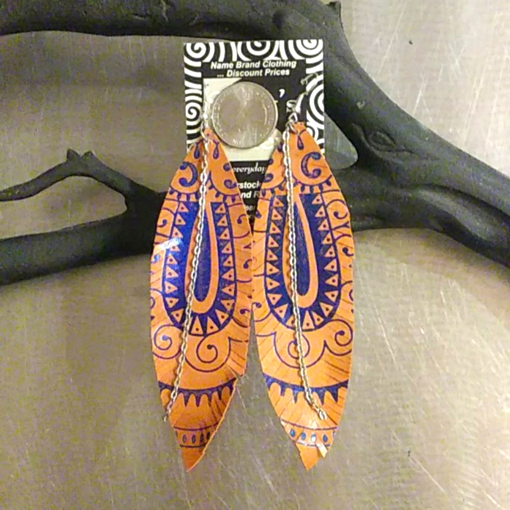 NWT HANDMADE BOHO REAL LEATHER FEATHER EARRINGS